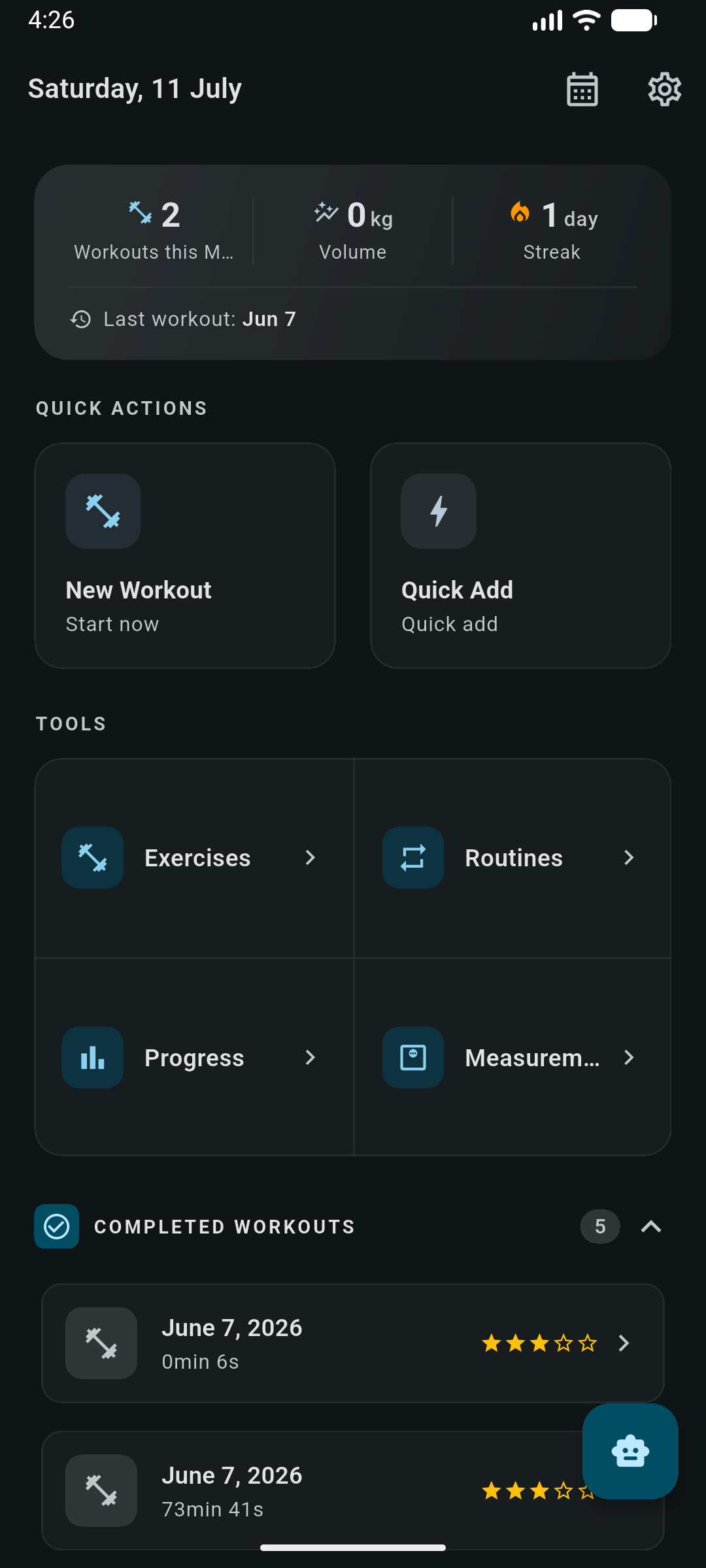 Workout Notes dashboard with monthly workout count, volume, streak, quick actions and completed sessions