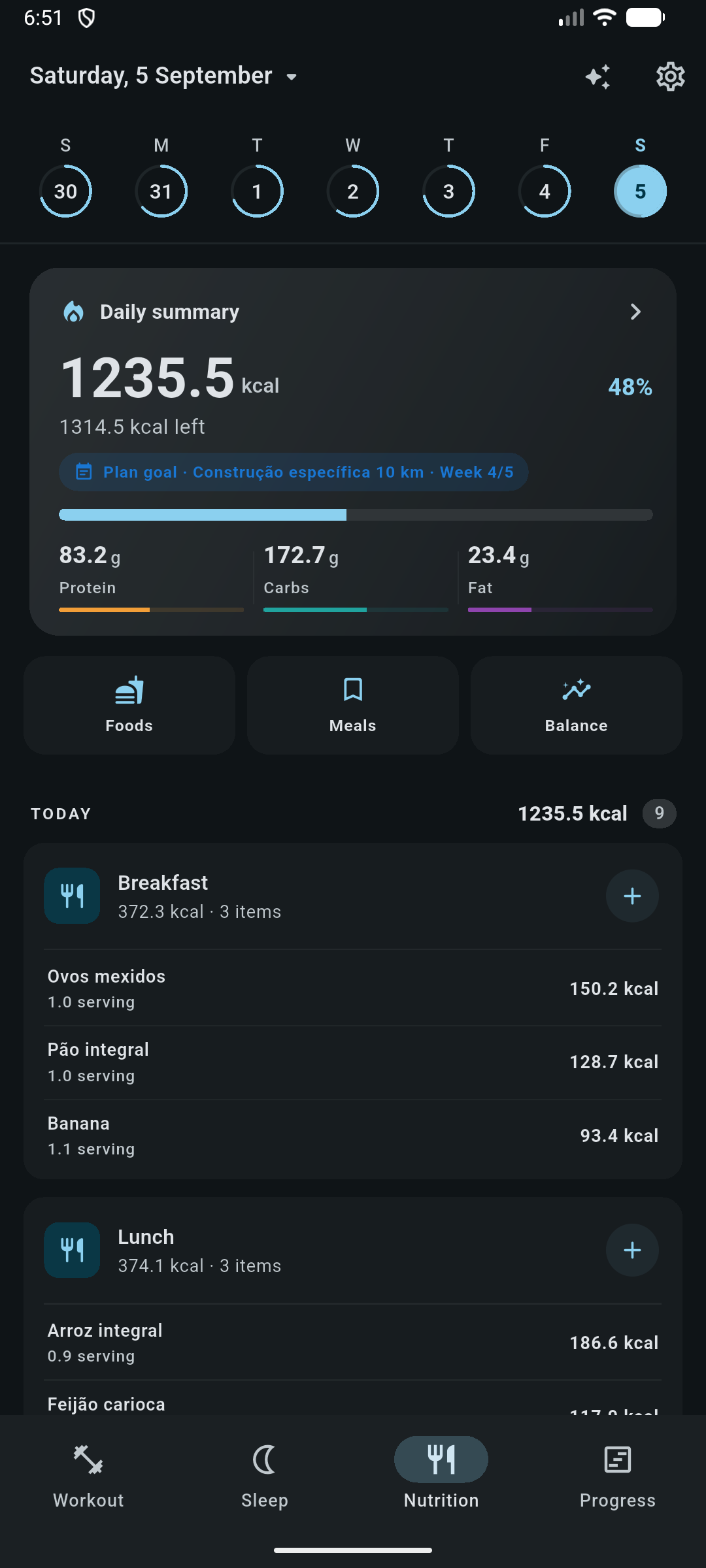 Nutrition diary showing daily calories, macronutrients and logged meals