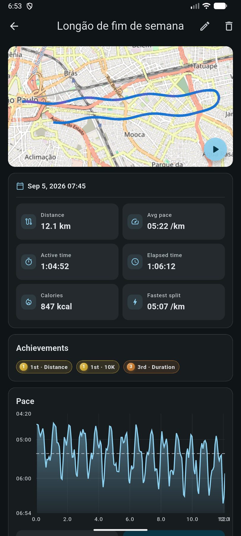 Completed run with route map, distance, pace, calories and a pace chart