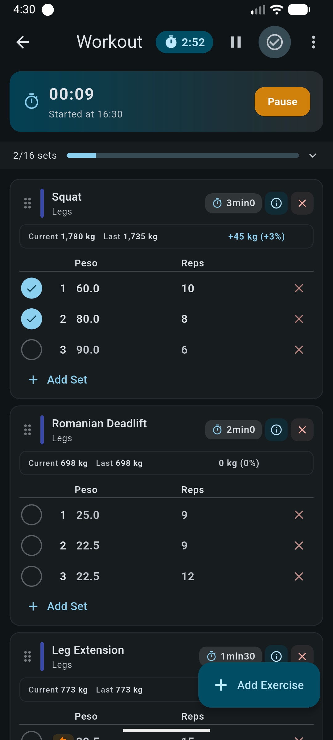 Live strength session with a session timer, rest timer, and completed and pending sets for each exercise